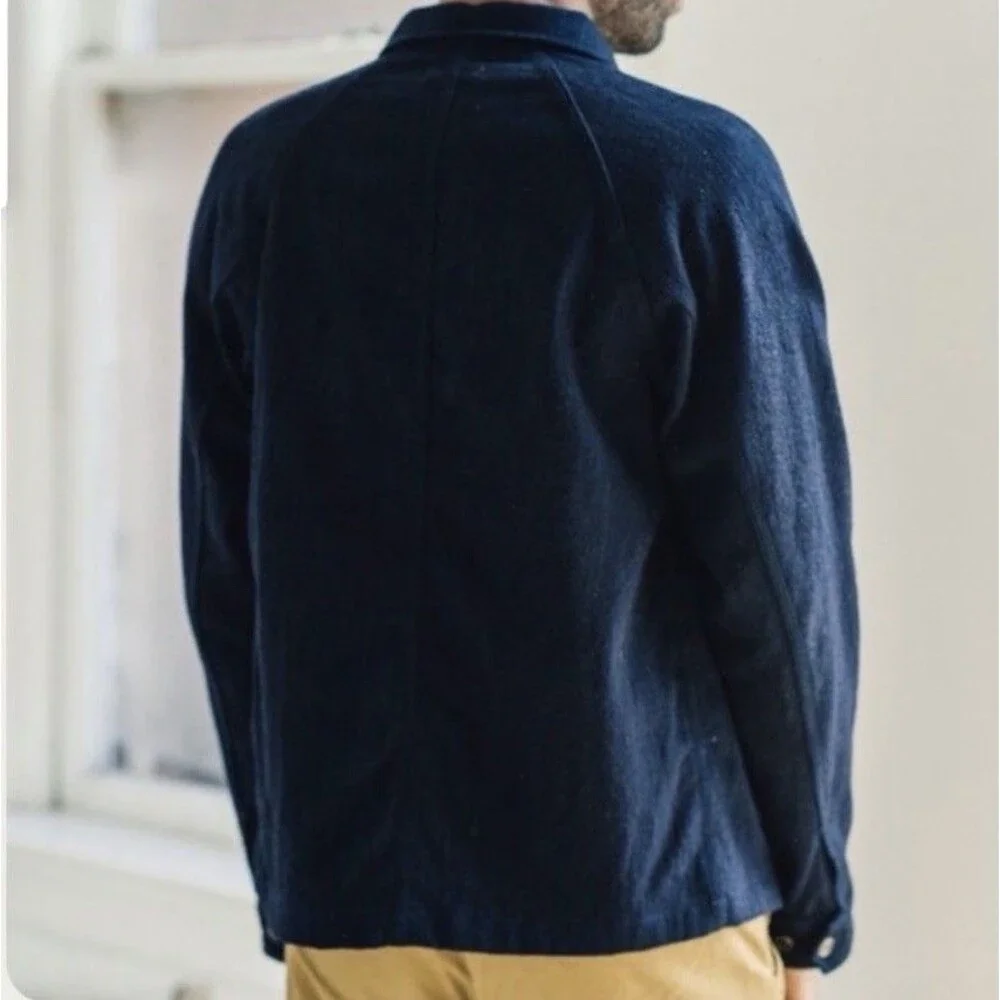Apolis Indigo Chore Coat Dark Wash Utility Pockets XS Imperfect Mendedl